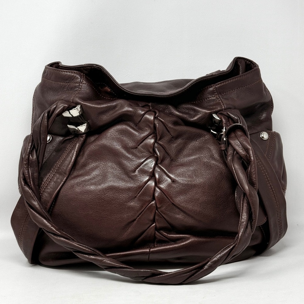 B. Makowsky Dark Brown Leather Hobo Shoulder Bag Braided Handles Large - SMOKE